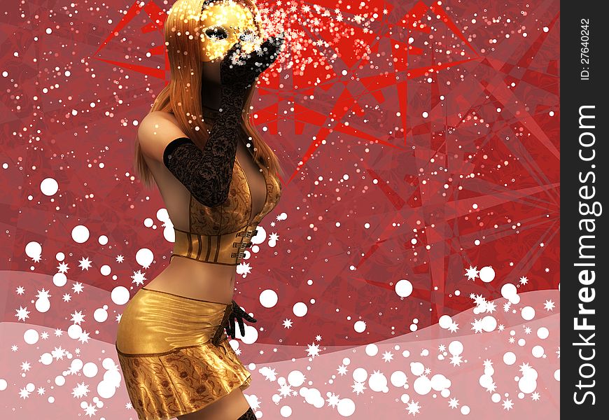 Girl In Golden Mask Blowing Snow