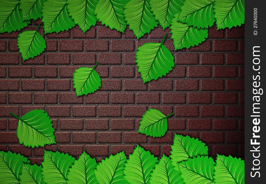 Green leaves and brick wall