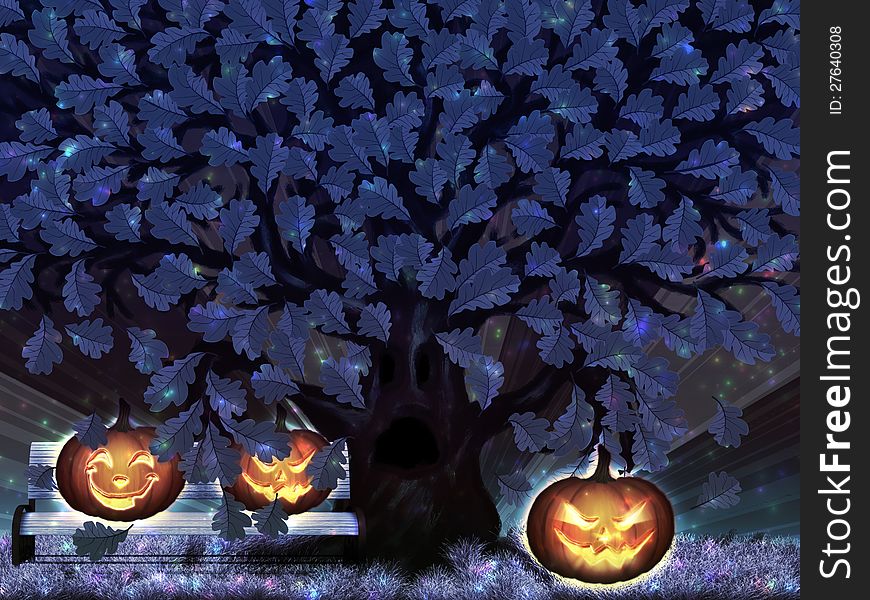 Illustration of fantasy oak tree at Halloween night with pumpkins. Illustration of fantasy oak tree at Halloween night with pumpkins.