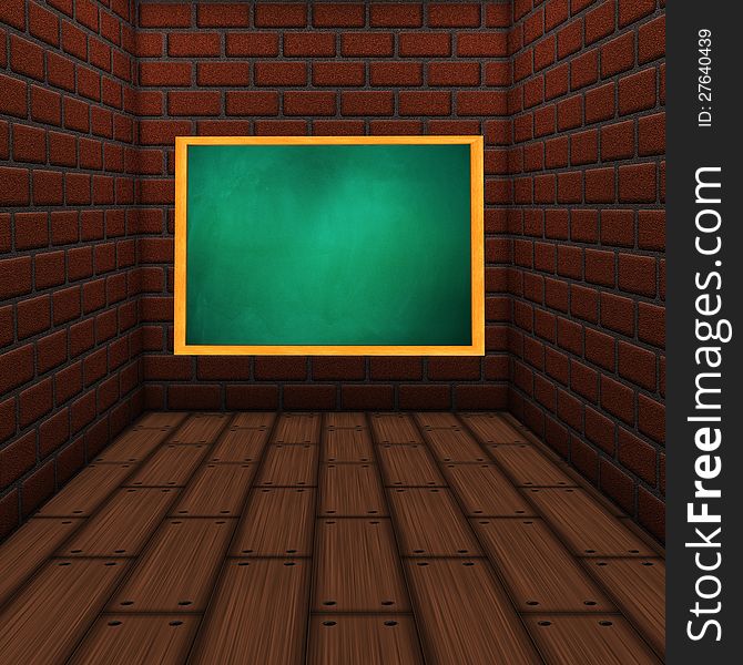 Illustration blank chalkboard of green color hang on brick wall in room style. Illustration blank chalkboard of green color hang on brick wall in room style