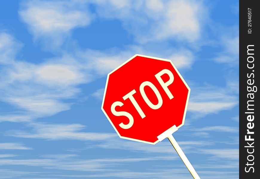 3d stop sign against blue sky and white clouds.