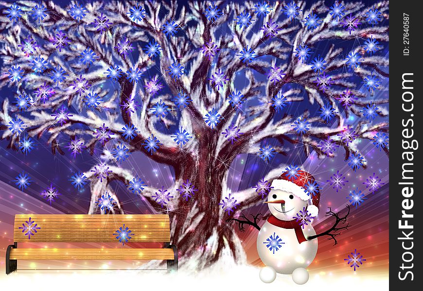 Illustration of big snowy tree with bench and snowman. Illustration of big snowy tree with bench and snowman.