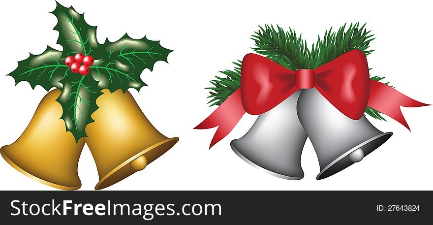 Christmas gold and silver bells with tree, bow and holly berry