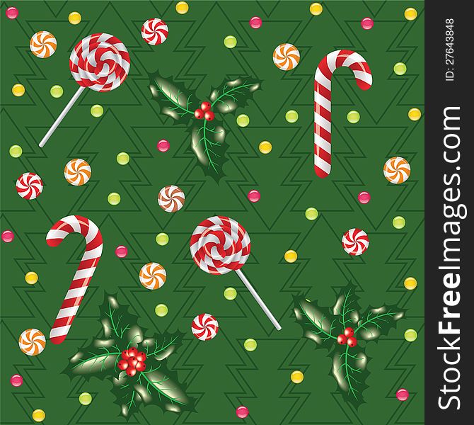 Seamless christmas background with candies, lollipops and holly berry with tree pattern