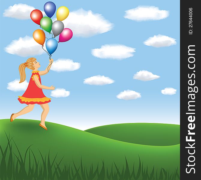 Girl run and jump with balloons in her hand on green meadow in summer time. Girl run and jump with balloons in her hand on green meadow in summer time