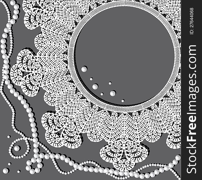 Vintage crochet doily with pearl necklace on grunge background