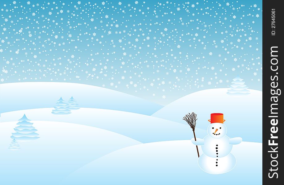 Snowy landscape in the snow, snowman in the foreground
