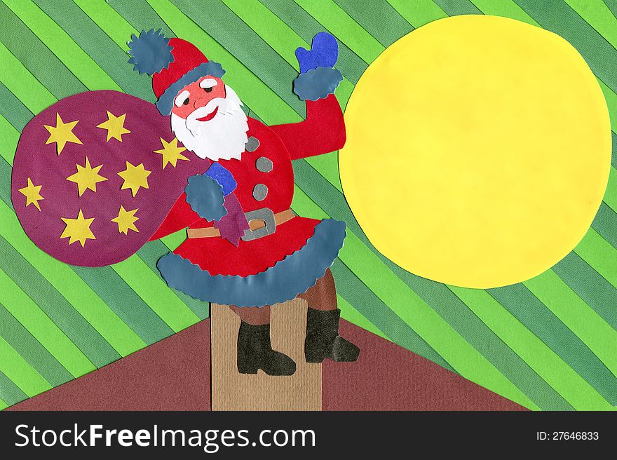 Santa Claus on the chimney with the bag of gifts on the green background