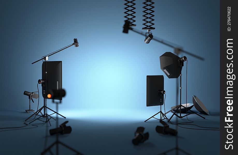 An empty blue photography studio with lighting equipment. 3D illustration