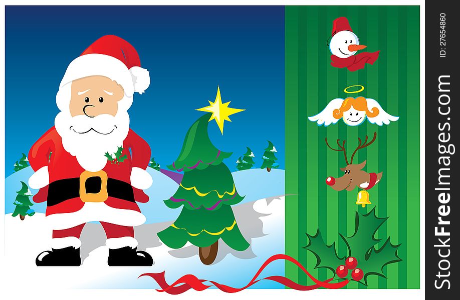 Santa with christmas tree and christmas characters. Santa with christmas tree and christmas characters