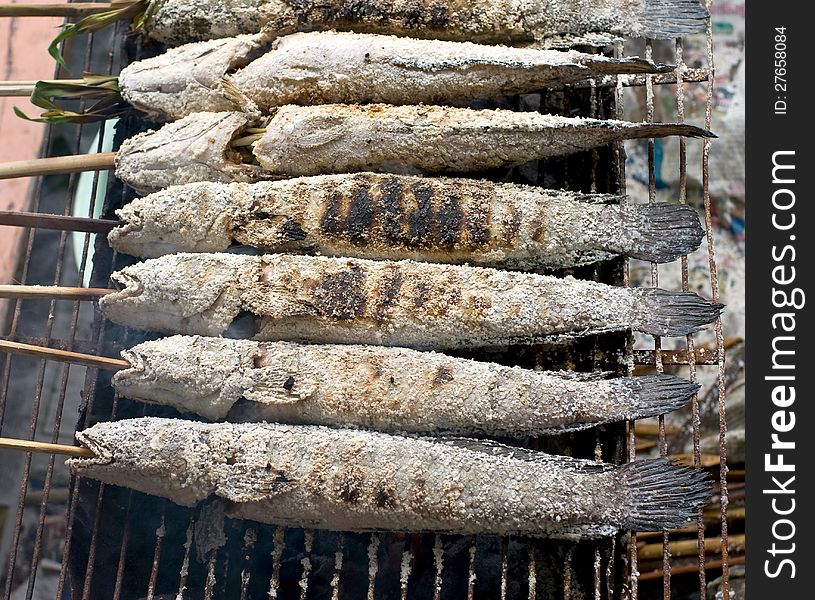 Grill snake head fish with salt coated on campfire grate