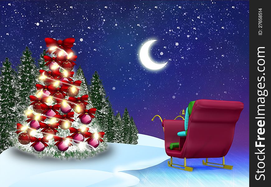 Illustration of Christmas tree and Santa's sleigh background. Illustration of Christmas tree and Santa's sleigh background.