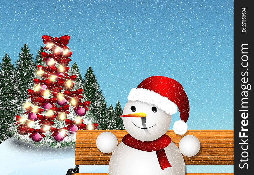 Illustration of snowman sitting on a bench background. Illustration of snowman sitting on a bench background.