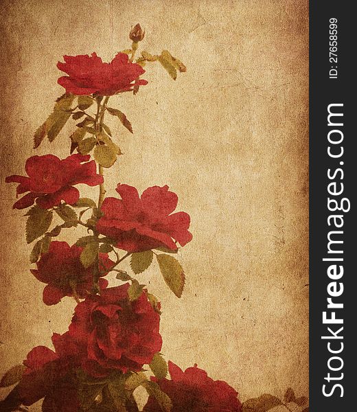 Grunge illustration of old paper with red roses background. Grunge illustration of old paper with red roses background.