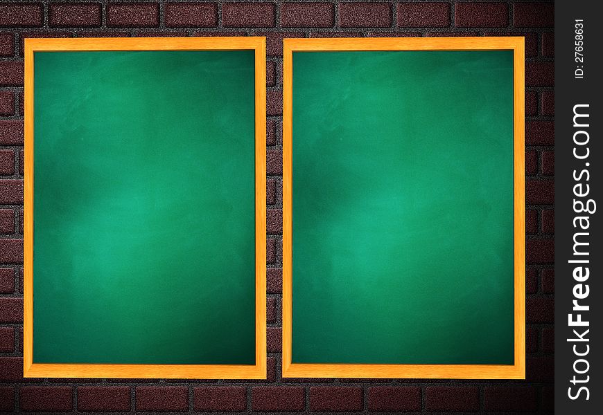 Illustration of two blank green chalkboards in wooden frame on brick wall. Illustration of two blank green chalkboards in wooden frame on brick wall.