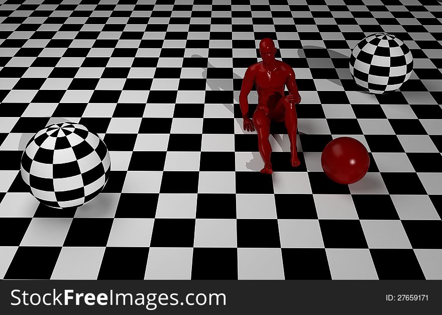 Checkered composition with man end  one red  ball  made in 3d. Checkered composition with man end  one red  ball  made in 3d