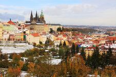 Snowy Colorful Autumn Prague Gothic Castle, Czech Stock Images Snowy Colorful Autumn Prague Gothic Castle, Czech Stock Images