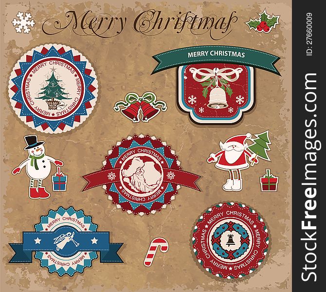 Set of vector decorative items, antique and vintage jewelry, banners, stamps, stickers, with snowflakes and stars design. Santa Claus, Christmas tree, snowman, reindeer. vector. Set of vector decorative items, antique and vintage jewelry, banners, stamps, stickers, with snowflakes and stars design. Santa Claus, Christmas tree, snowman, reindeer. vector