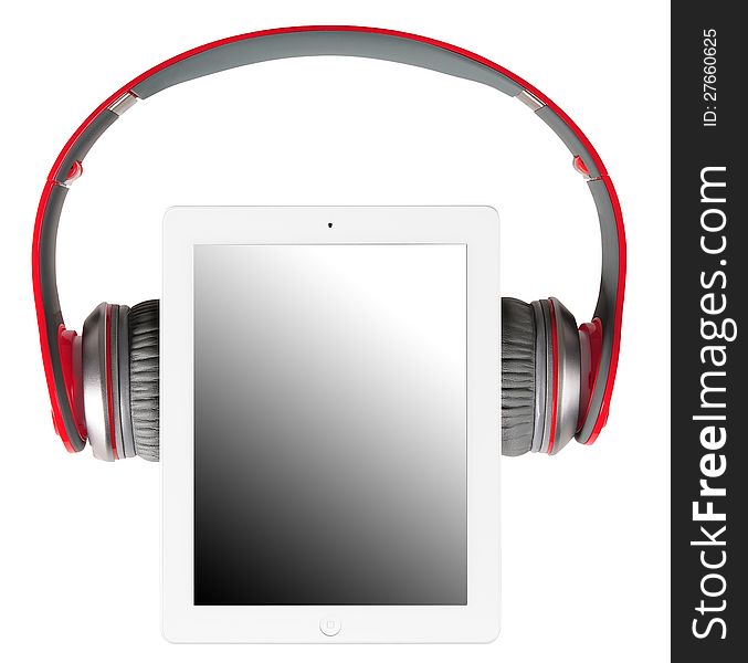 Head phones and tablet against white background. Head phones and tablet against white background.