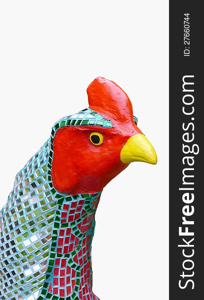 Chicken statue decorated with colorful mirror isolated on white background. Chicken statue decorated with colorful mirror isolated on white background