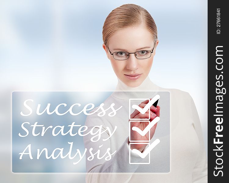 Concept of success and business woman in modern blue background