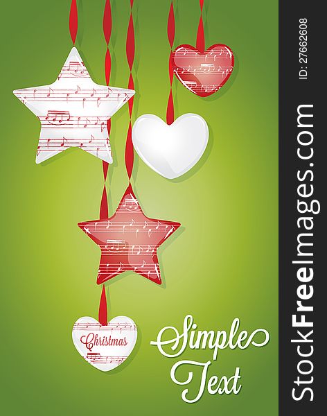 Volume of the heart with musical notes and the stars hanging on ribbons decorating holiday Elements. Christmas decorations holidays. Volume of the heart with musical notes and the stars hanging on ribbons decorating holiday Elements. Christmas decorations holidays