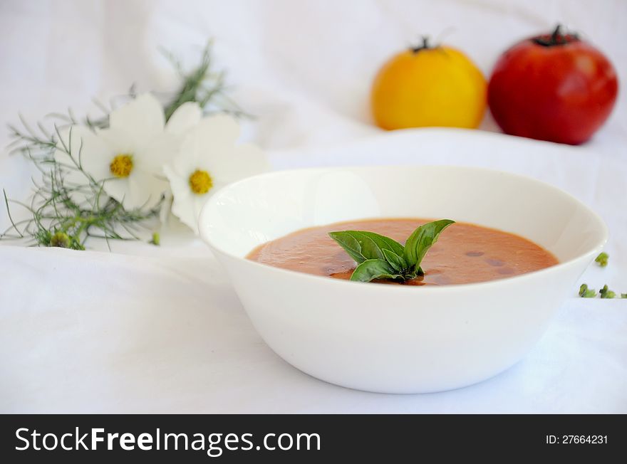 Delicious tomatoes soup with basil and flowers and tomatoes in the background