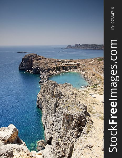 Looking down onto St Paul's Bay at Lindos on the Island of Rhodes Greece. Looking down onto St Paul's Bay at Lindos on the Island of Rhodes Greece