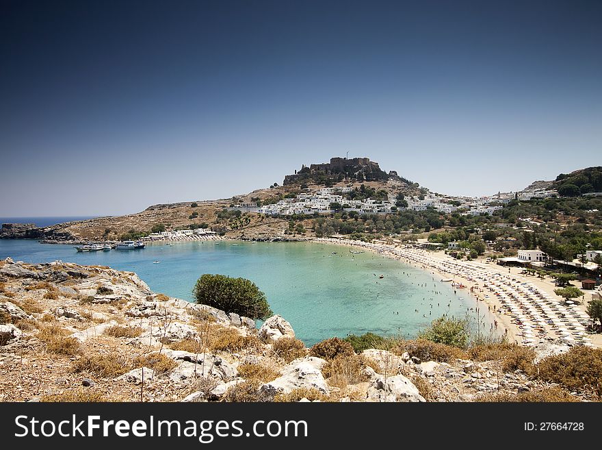 View at Lindou Bay from Lindos Rhodes island, Greece