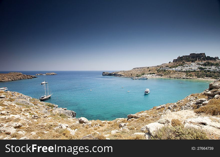 View at Lindou Bay from Lindos Rhodes island, Greece