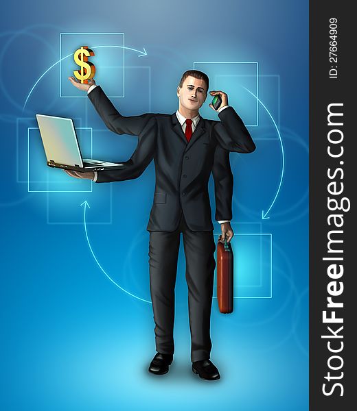 Businessman with multiple arms holding a briefcase, smart-phone, notebook and dollar symbol. Digital illustration. Businessman with multiple arms holding a briefcase, smart-phone, notebook and dollar symbol. Digital illustration.