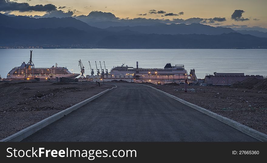 Cruise passenger ships at marine port of Eilat, Israel (morning view from surrounding hills)