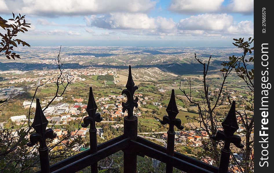 Peaks of a gate silhouetted on a panorama