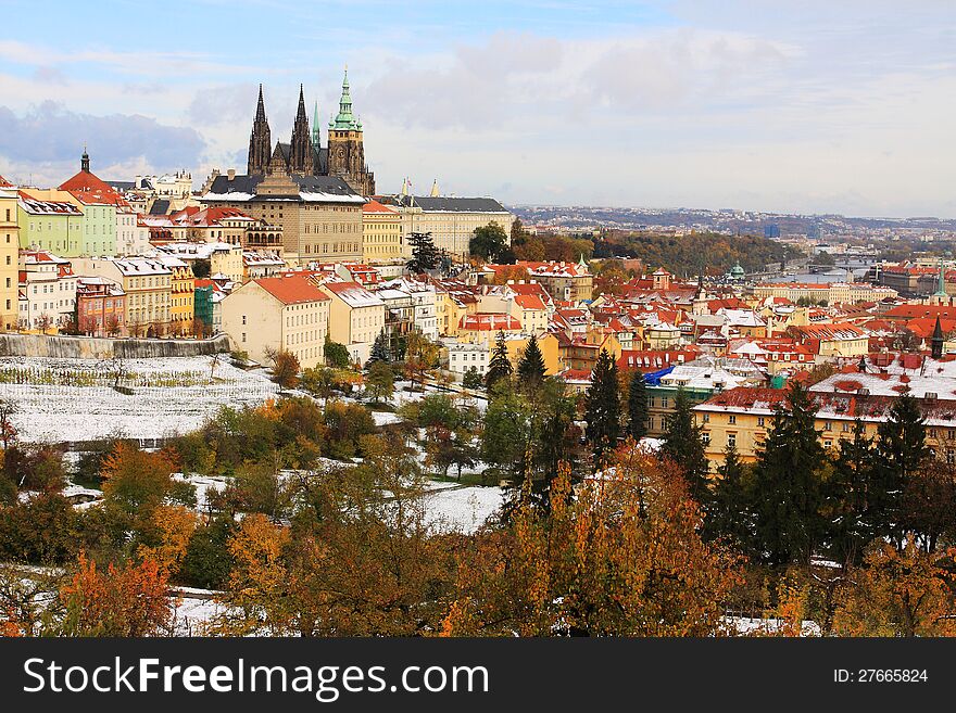 Romantic Snowy colorful autumn Prague gothic Castle, Czech Republic