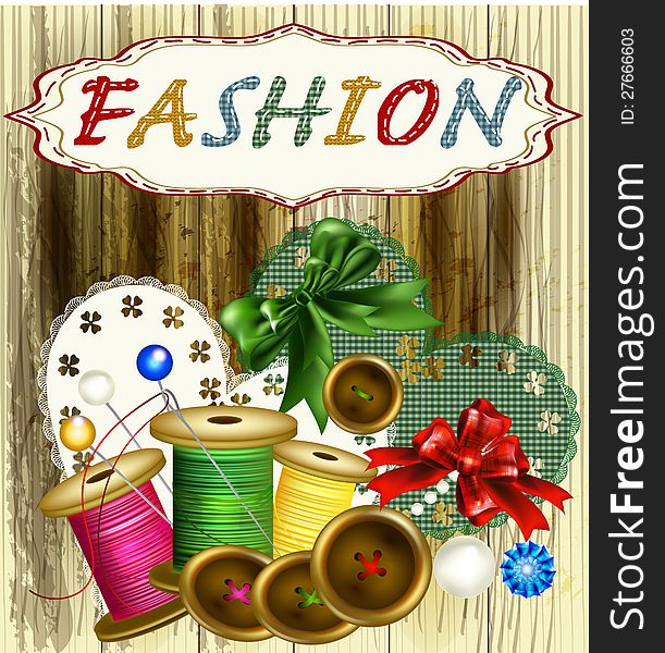 Background with thread, needles and bow. Fashion vector. Background with thread, needles and bow. Fashion vector