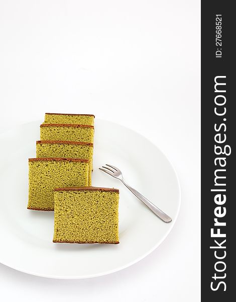 Sponge cake , Green tea on white background