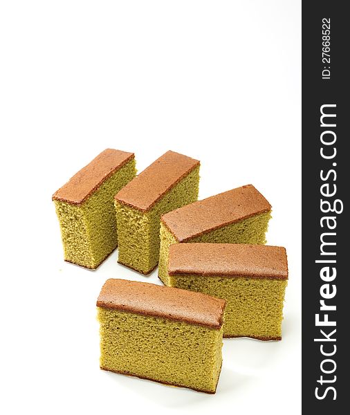 Sponge cake , Green tea  on white background