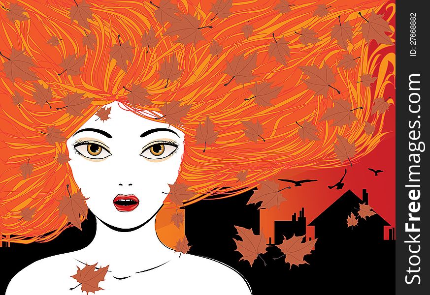 Illustration of girl with red hair, city and maple leaves background. Illustration of girl with red hair, city and maple leaves background.