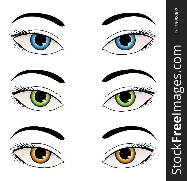 Illustration of woman's eyes of different colors on white. Illustration of woman's eyes of different colors on white.