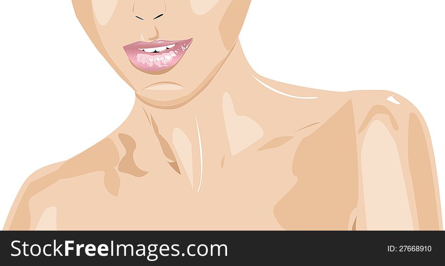Illustration of young woman's glossy pink lips. Illustration of young woman's glossy pink lips.