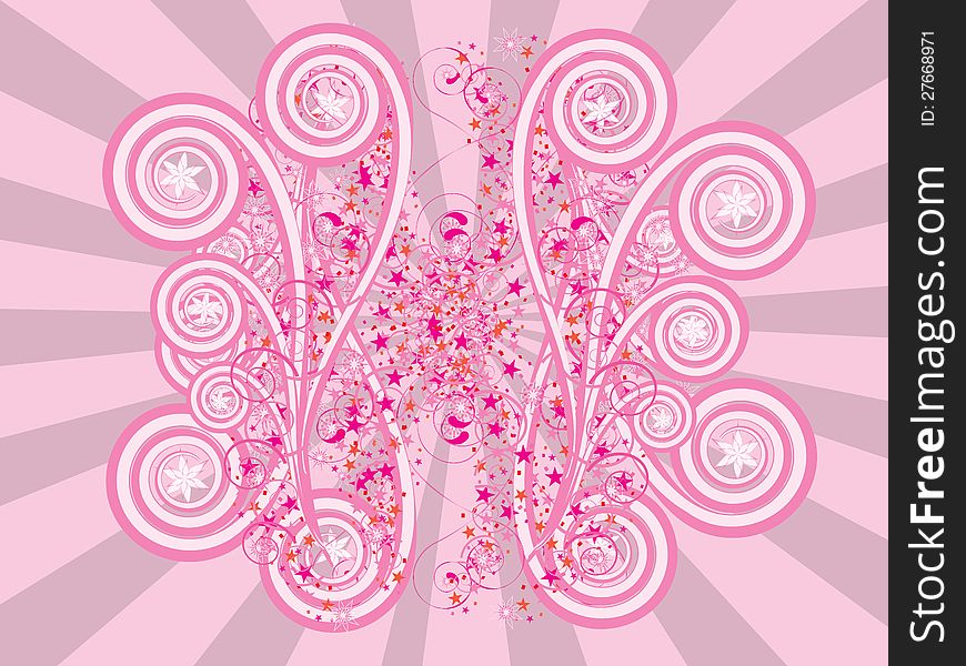 Abstract digital illustration of pink ornament on pink rays background.