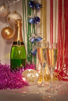 New Year Decorations With Two Glasses And Bottle O Stock Photos New Year Decorations With Two Glasses And Bottle O Stock Photos