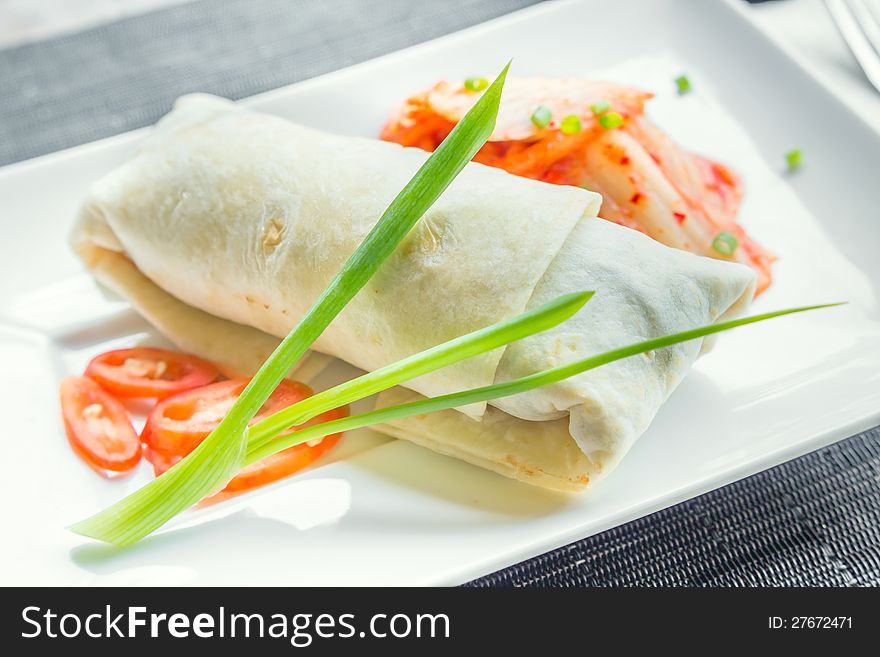 Beef burito with mizuna, bean sprout and kimchi. Beef burito with mizuna, bean sprout and kimchi