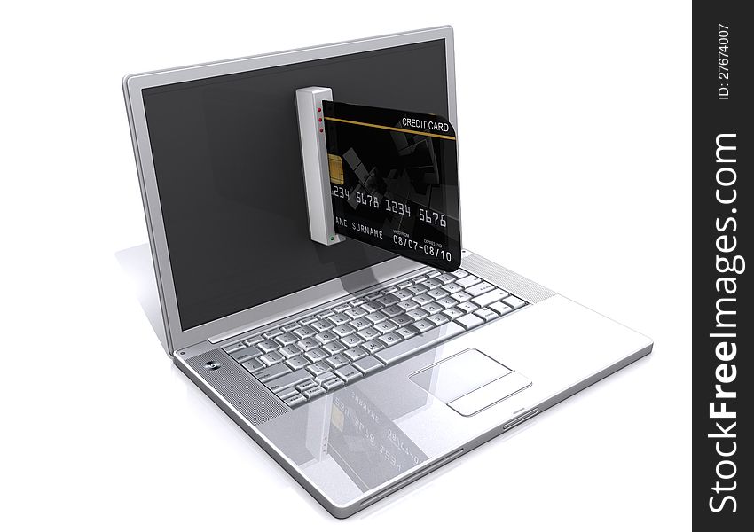 Laptop and credit card, E-commerce concept isolated