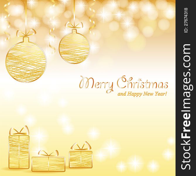 Shiny golden Christmas background with baubles, gifts and text. Shiny golden Christmas background with baubles, gifts and text
