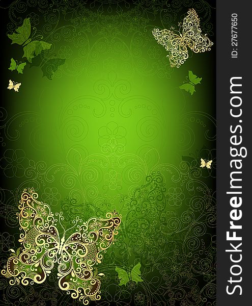 Green vintage card with gold butterflies (vector EPS 10). Green vintage card with gold butterflies (vector EPS 10)