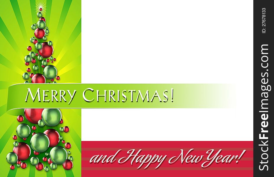 Card layout with New Year's/Holiday/Christmas tree made of red and green reflective ornaments against radiant yellow-green background. Card layout with New Year's/Holiday/Christmas tree made of red and green reflective ornaments against radiant yellow-green background