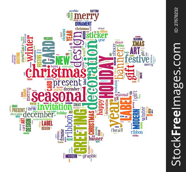 Merry Christmas info-text graphic and arrangement concept composed in snowflake shape on white background