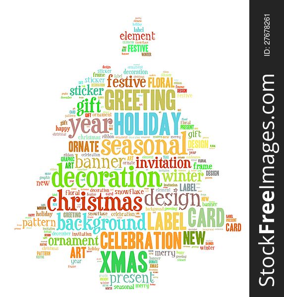 Merry Christmas info-text graphic and arrangement concept composed in Christmas tree shape on white background