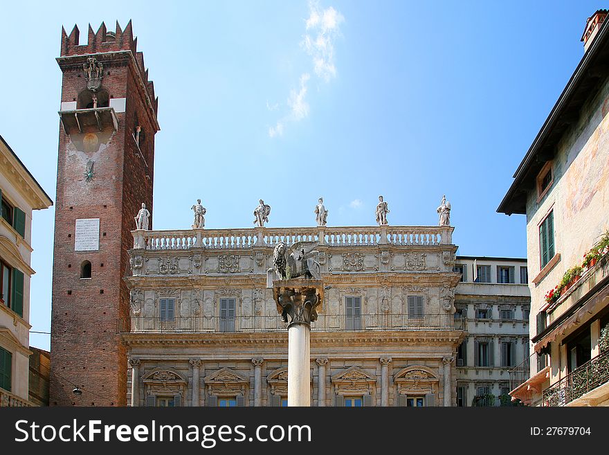 Verona Italy piazza delle Erbe the lion of saint Mark symbol of the city of Venice - Closup. Verona Italy piazza delle Erbe the lion of saint Mark symbol of the city of Venice - Closup